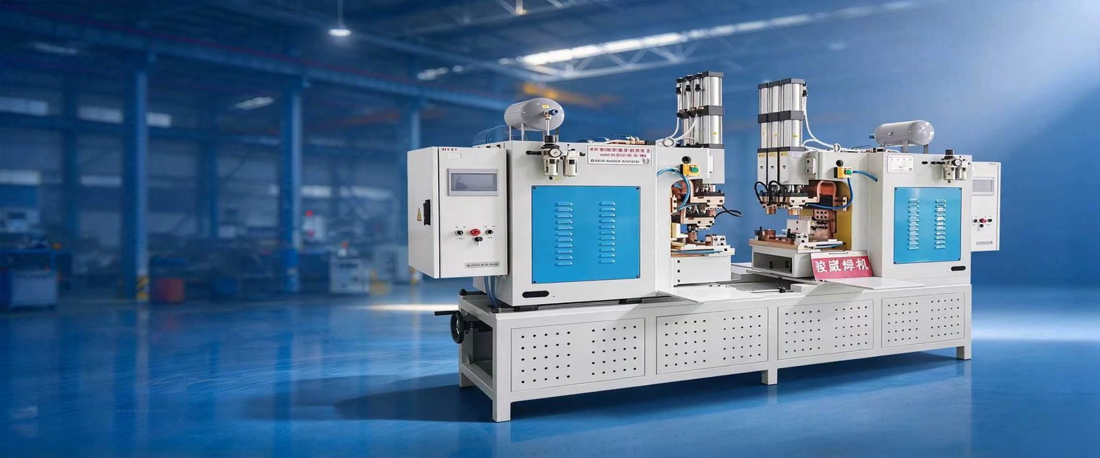 JUNWEI double-head welding equipment in a blue industrial setting